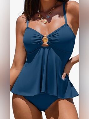 Shell-Accent Peplum Tankini  Aleumdr Keyhole Tummy Control VNeck Push Up